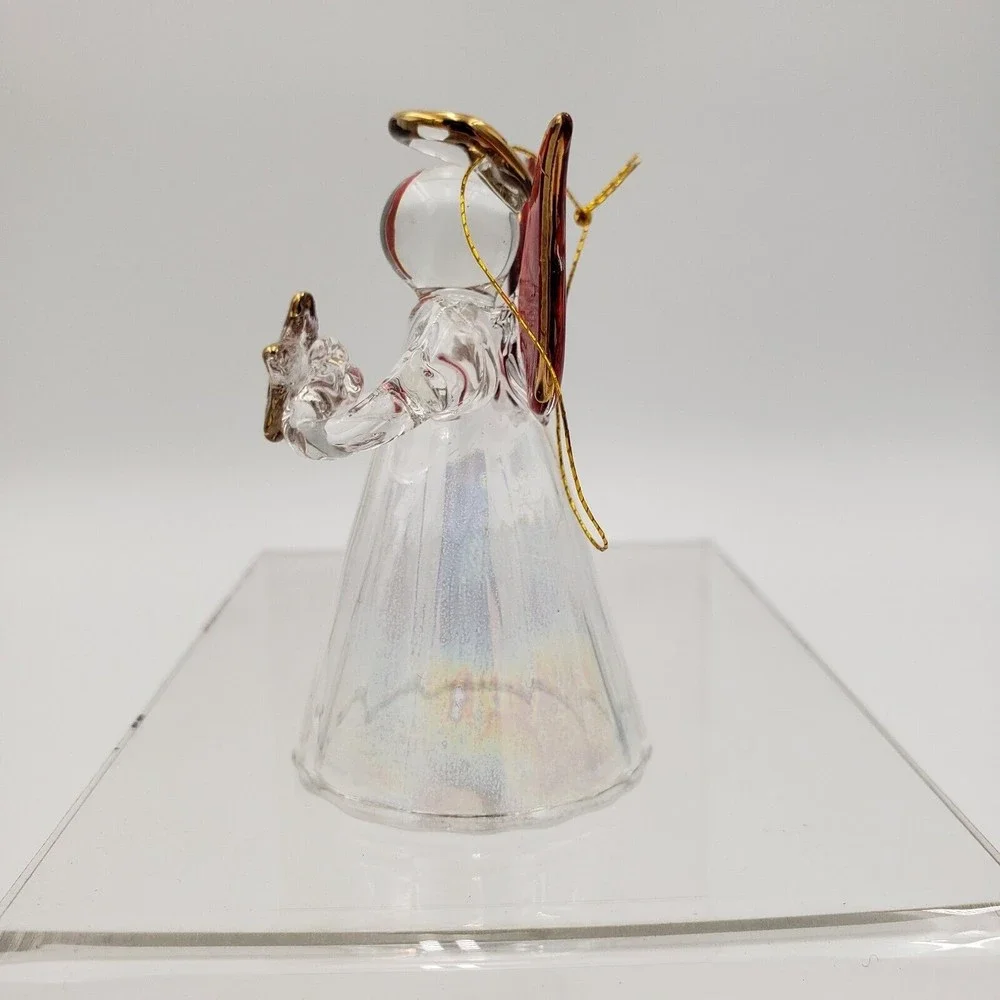 Vintage Glass Angel Ornament Clear Iridescent Body Red & Gold Wings‎ 2.5